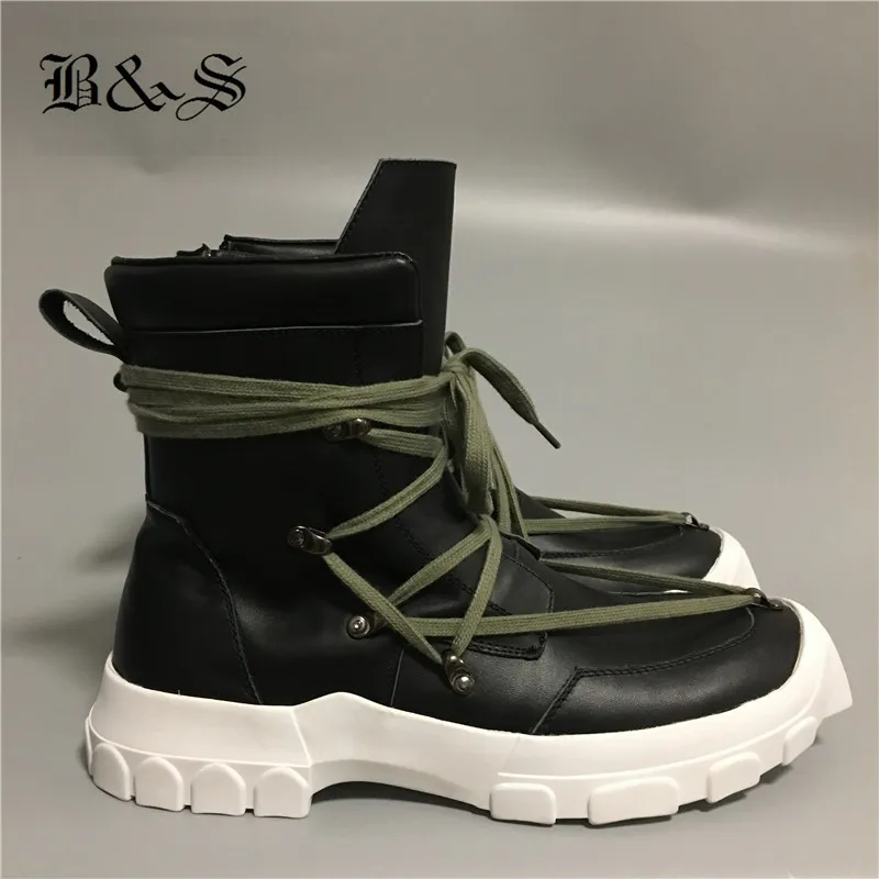 

Black& Street 2018 genuine leather Tooling Hiking Men Boots causal lace up marin boot cross trap rivets platform