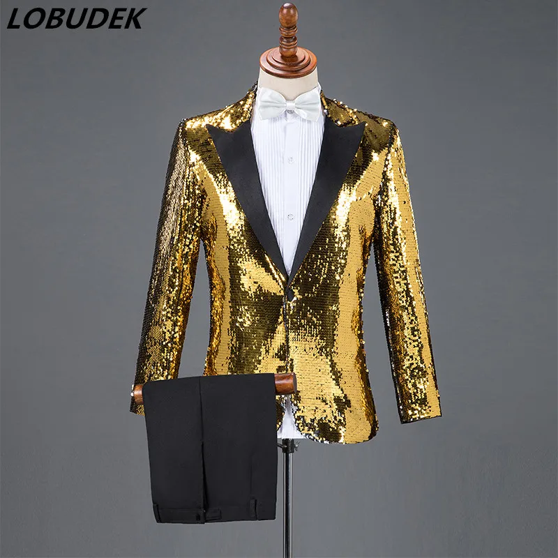 

2 Piece Set Gold Black Sequins Blazers Pants Men Suits Nightclub Bar Male Singer Host Concert Suit Stage Outfit Chorus Costumes