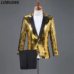 2 Piece Set Gold Black Sequins Blazers Pants Men Suits Nightclub Bar Male Singer Host Concert Suit Stage Outfit Chorus Costumes