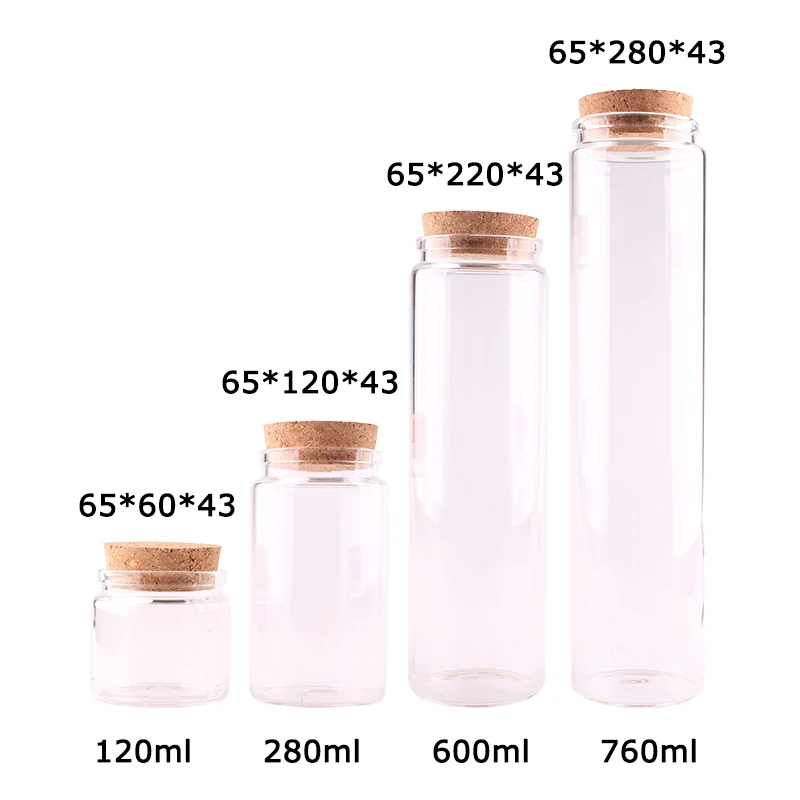 

4pcs Dia 65mm 120ml/250ml/550ml/700ml Transparent Glass Spice Bottles Jars Terrarium with Cork Stopper Food Glass Storage Bottle