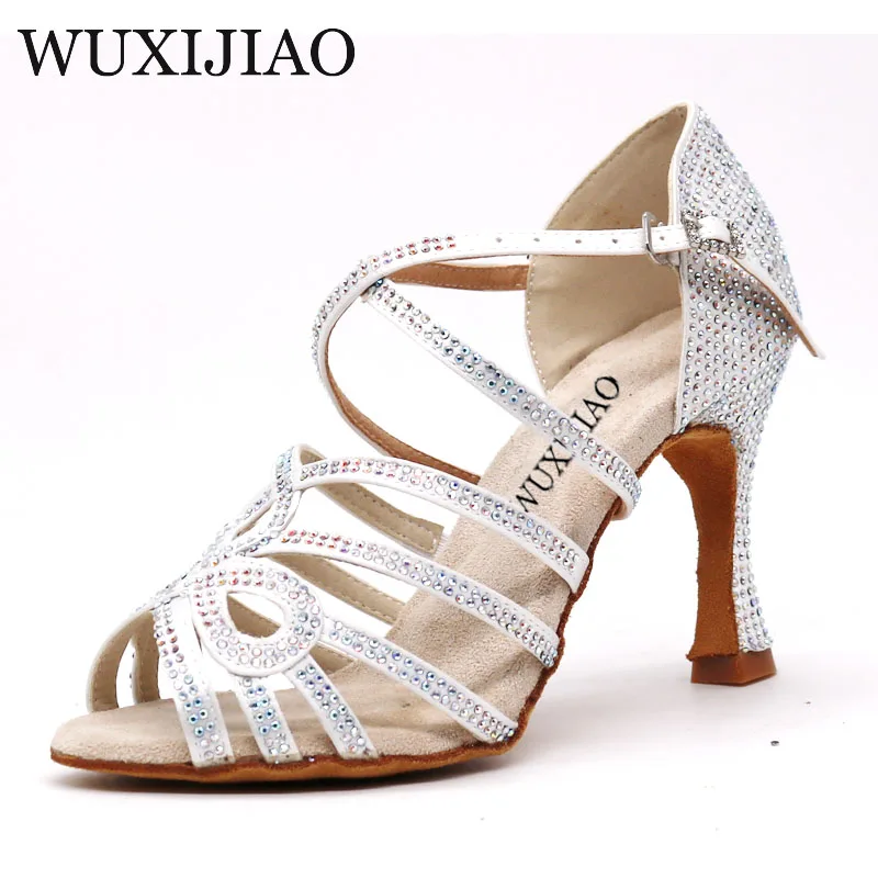 

WUXIJIAO Women Salsa party Ballroom shoes Latin dance shoes big small rhinestone shining Skin Black satin Cuba heel 9cm