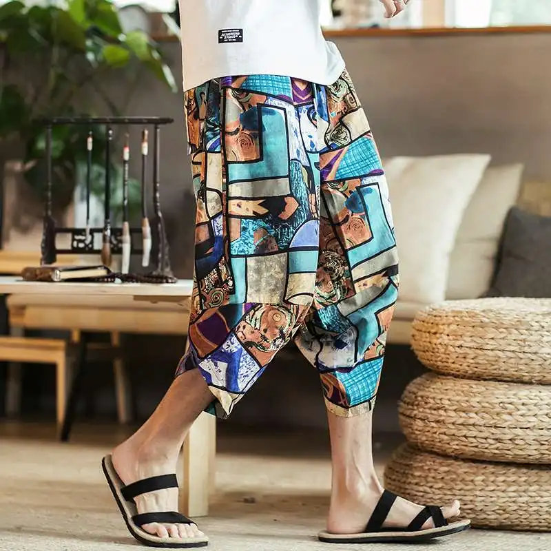 Summer Casual Loose Shorts Men Hip Hop Trousers Male Print Vintage Flowers Print Calf Length Short Beach Mens Linen Clothing 5XL