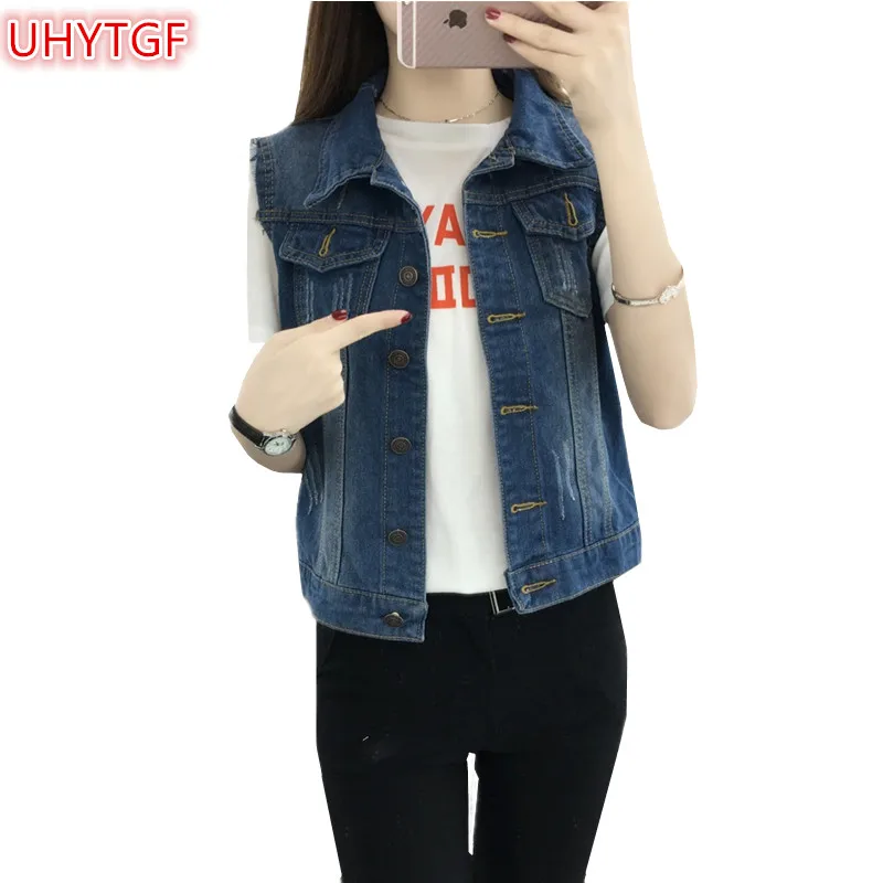 

UHYTGF Fashion Summer Jacket Denim Vest Womens 5XL Casual Loose Blue Short Vests Coat Female Single-Breasted Waistcoat Ladies 90