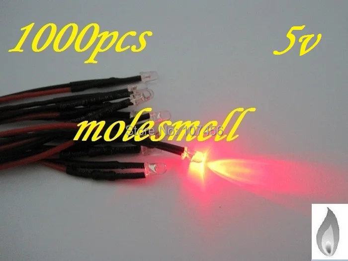 Spedizione gratuita 1000pcs 3mm red Flicker 5V Pre-Wired Water Clear LED Candle Light 20CM