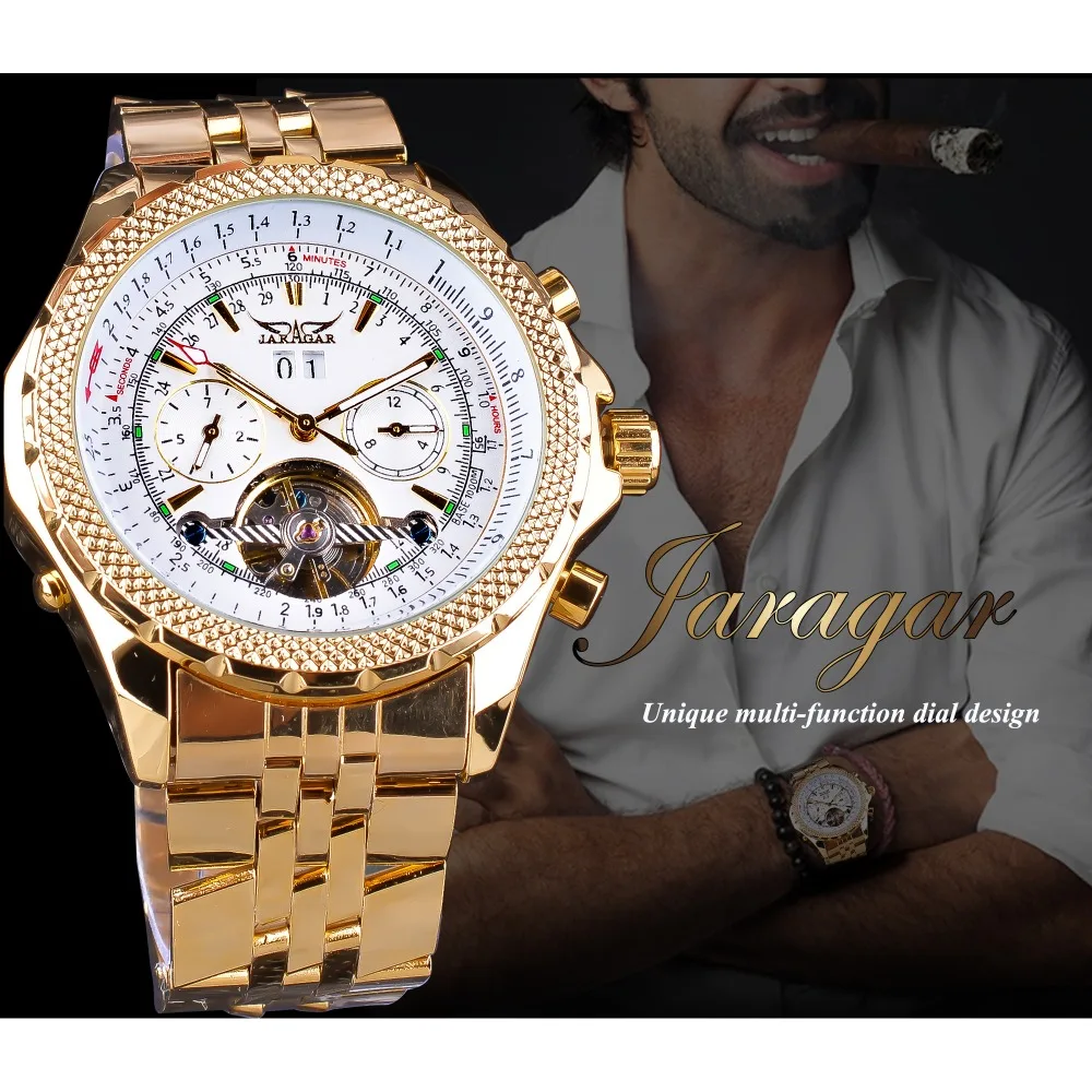 Jaragar Men\'s Golden Automatic Self-Wind Watch Big Dial Calendar Function Relogio Masculino Mechanical Watches Steel Strap Clock