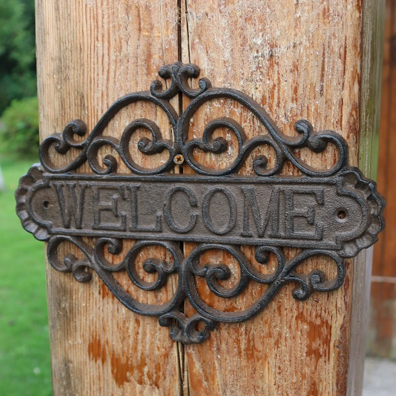 Vintage Hollow Wall Decor Cast Iron Welcome Plaque Signs European Retro Handmade Rustic Home Garden Wall Decor Metal Plate