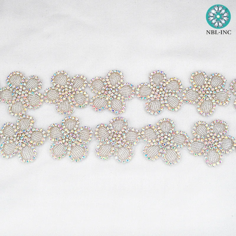 Aplique de diamantes de imitación para vestido de novia, accesorio para vestido de novia, con flores doradas AB, WDD0945, 10 yardas