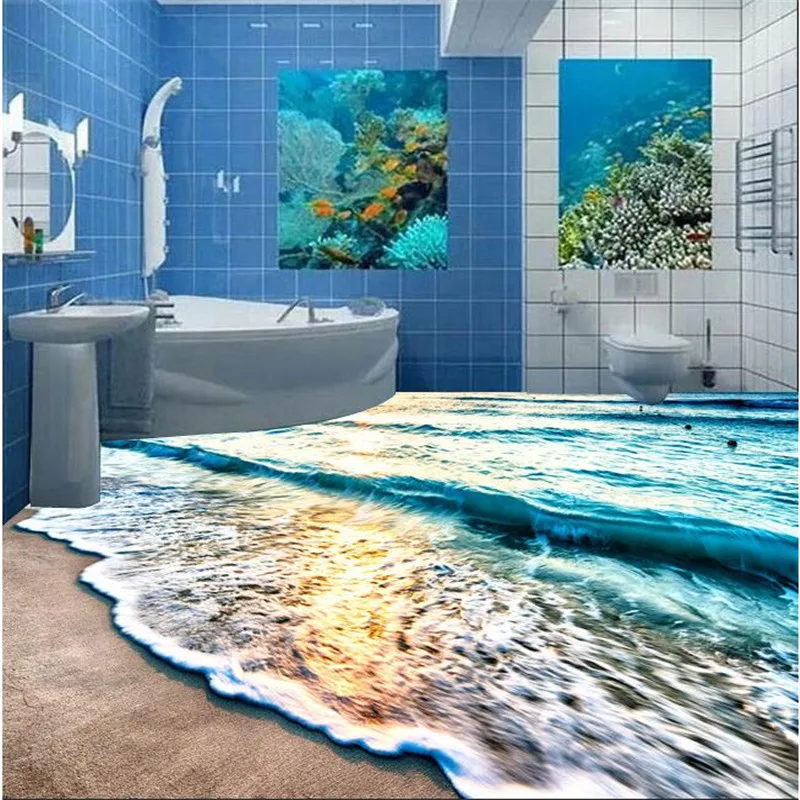 beibehang floor painting mural Beach blue sea water ripples non-slip waterproof thickened self-adhesive PVC floor Wallpaper roll