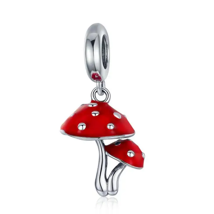 New Hot Sale 100% 925 Sterling Silver Red Sweet Mushroom Shaped Pendant Charms Necklace for Women Jewelry Gifts Making