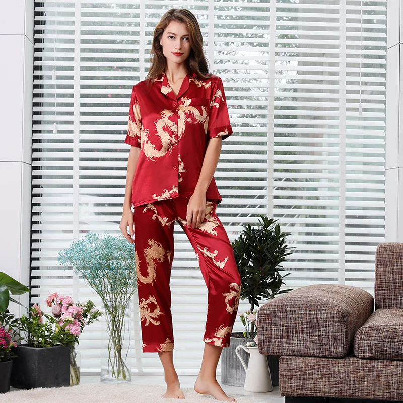 

summer Couple suit pajamas sets print fashion faux silk casual two pieces nighties sleepwear Short sleeve + sleep pants set