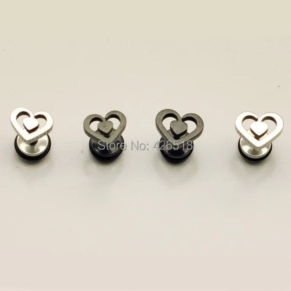 8 9mm Width Lovers Hollow Double Heart Valentine Love White Black Stainless Steel Punk Men Women Screw Back (pierced) Earrings