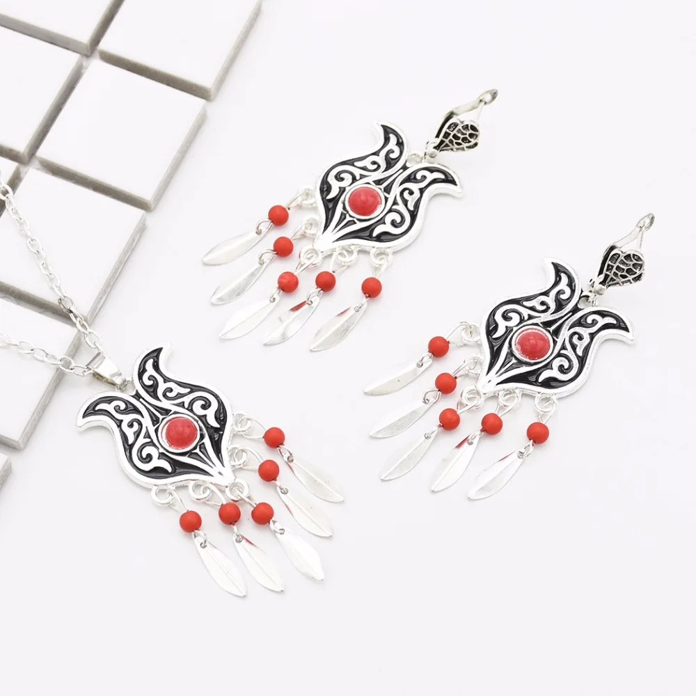 Boho Gypsy Vintage Metal Carved Flower Red Green Beads Leaf Tassel Turkish Necklaces Earrings Sets Indian Jewelry Sets for Women