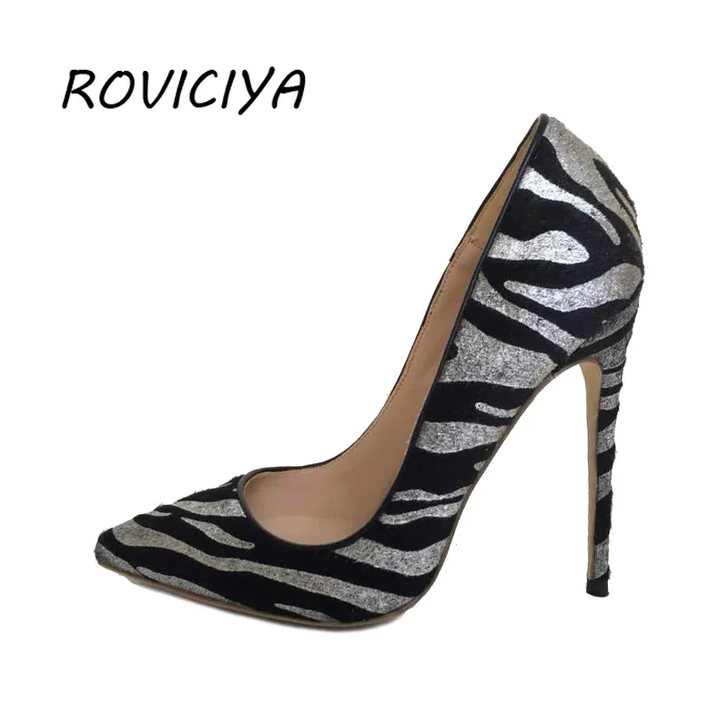 Zebra Horsehair Spring Autumn Pumps High Heels Pointed Toe Shoes Woman Striped Woman Party Shoes 12 cm BM007 ROVICIYA