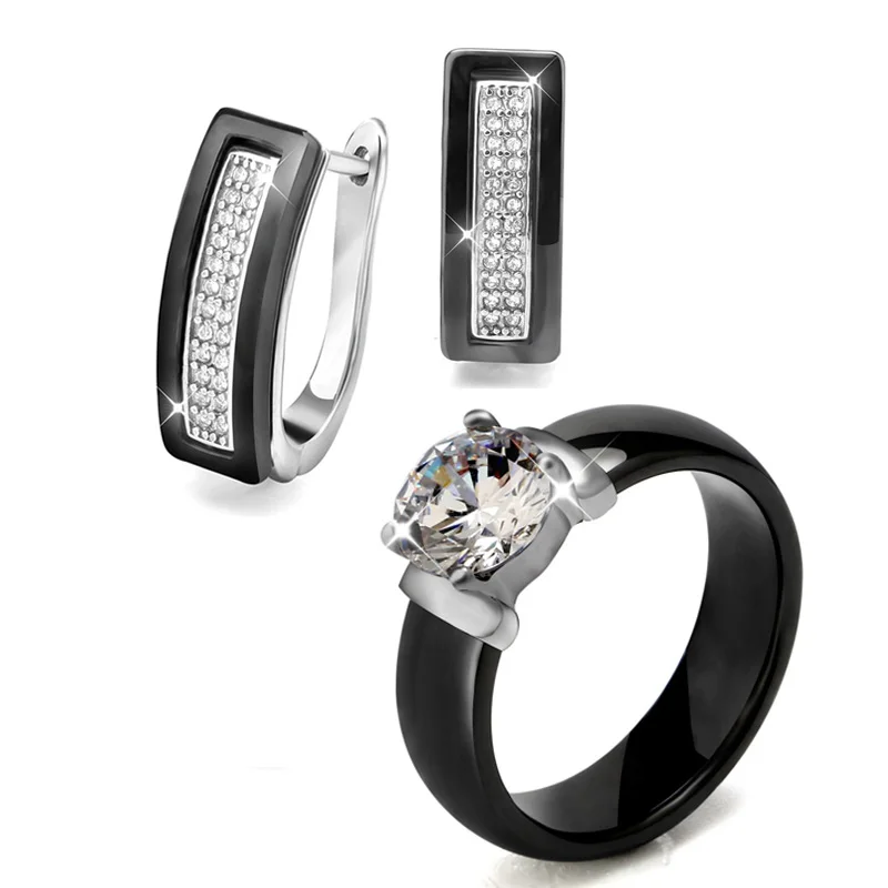 Jewelry Set Black White Ceramic Ring & Earrings With Big Carat CZ Wedding Accessories U Shape Stud Earrings And Rings For Women