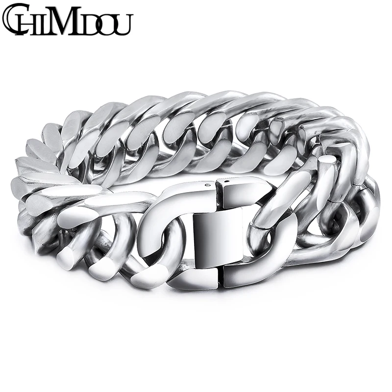 Stainless Steel Men Bracelet 15mm/17mm/20mm Heavy Cuban Chain Biker Jewelry 2018 New Style Good Quality