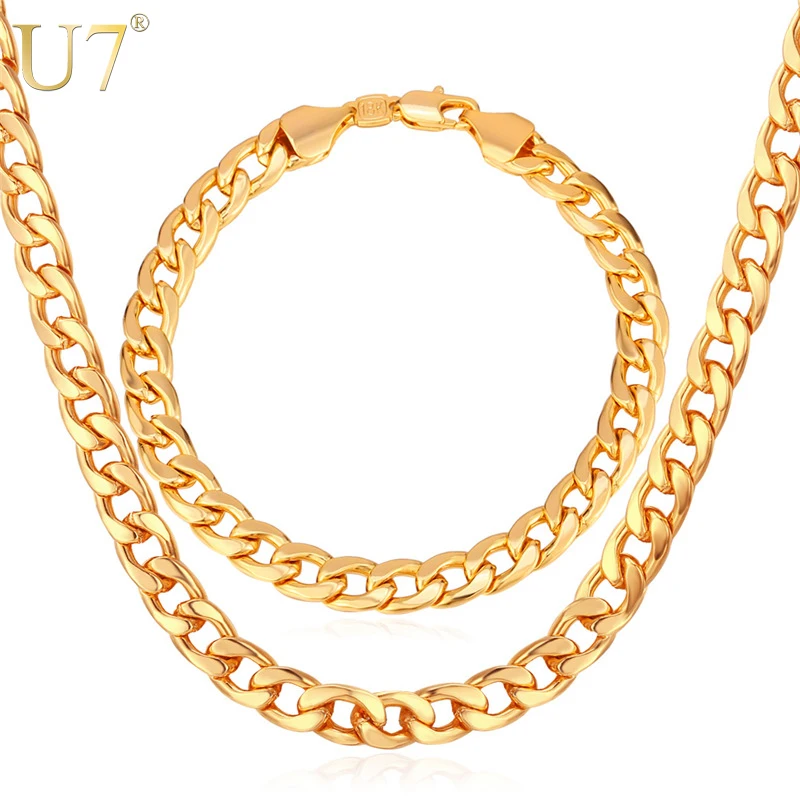 U7 Brand Jewelry Sets Men\'s Fashion Jewelry Sale Trendy Gold Color 7MM Wide Chain Bracelet Necklace Set Wholesale S401