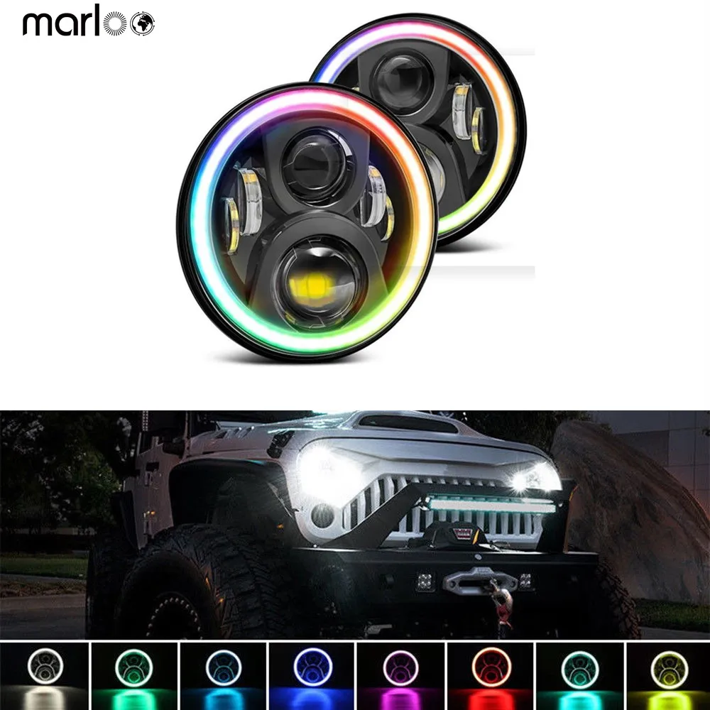 

RGB 7" LED Headlight 7 inch Round DRL Headlamp RGB Angel Eye Halo Ring App Bluetooth Controlled for Jeep Wrangler JK LJ CJ TJ