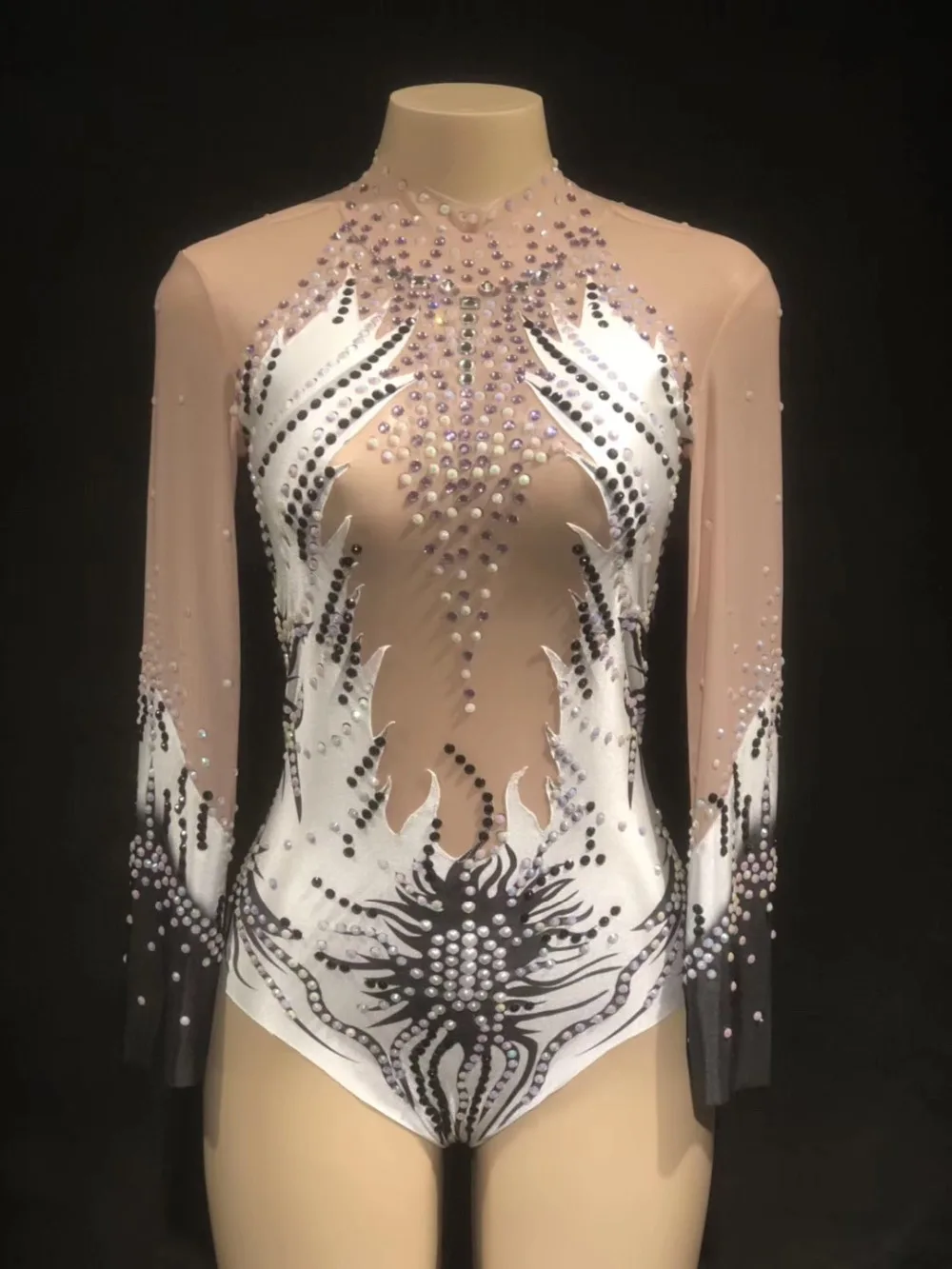 

Women's New Glisten Rhinestones Mesh Printing Sexy Bodysuit Stage Costume Nightclub Outfit Party Dance Bodysuit See Through Wear