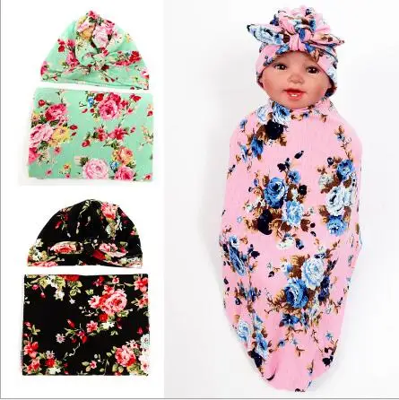 Baby Floral Swaddle Blanket Rabbit Ear Top India Hat Newborn Shower Gift Flower Parrern Hospital cap with waddle set Cotton 1set