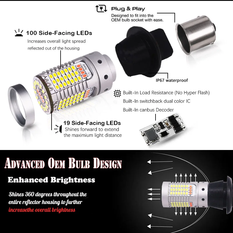 iJDM Car 1156 LED White/Red Dual-Color Canbus P21W BA15S 7506 led Bulbs for Car Backup Reverse Lights & Rear Fog Lamp Conversion