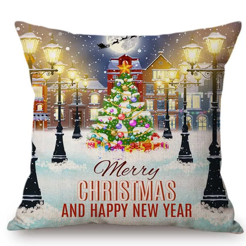 

Merry Christmas Letter Print Cartoon Decorative Pillow Case For Sofa Cotton Linen Snow Cover Christmas Tree Art Cushion Cover