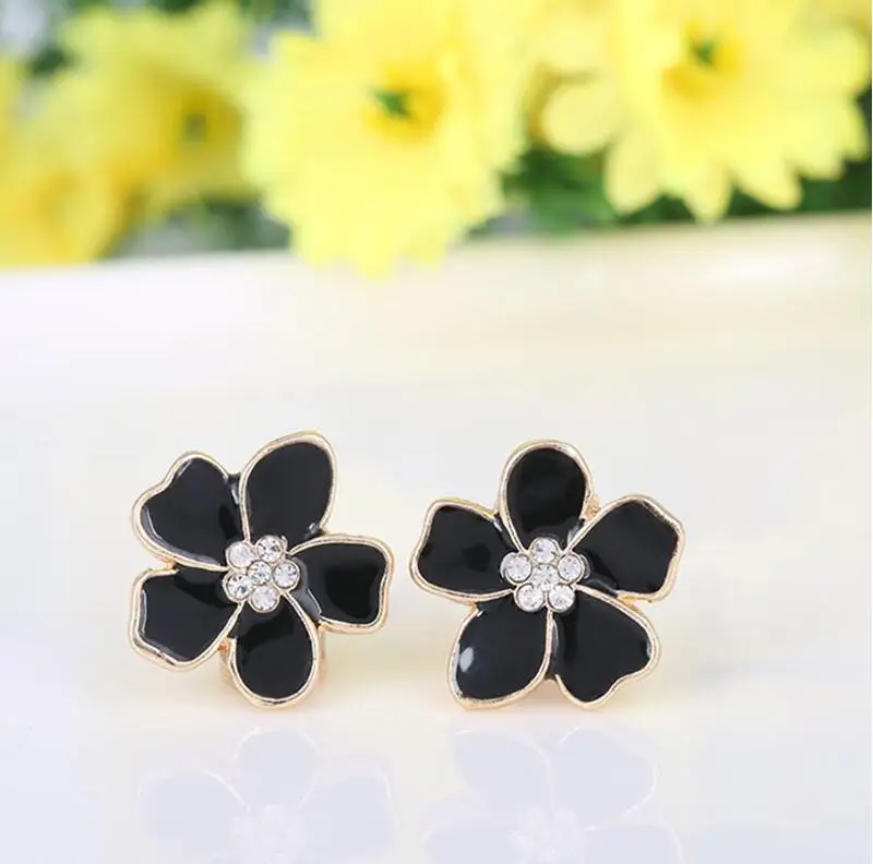 GRACE JUN Rheinstone Enamel Flower Shape Clip on Earrings Without Piercing for Girls Party Cute No Hole Ear Clip Charm Jewelry