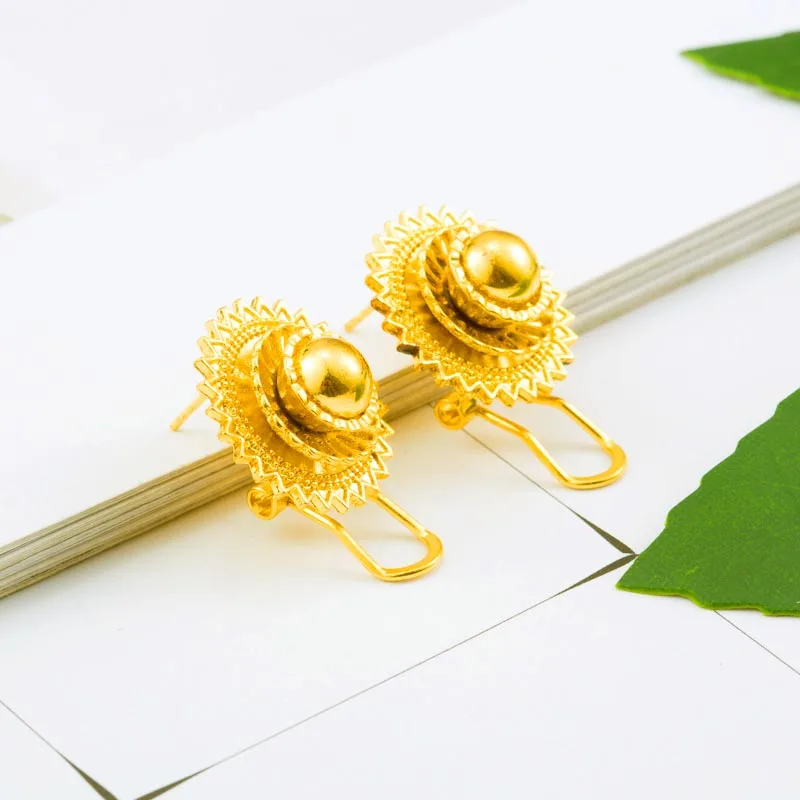 2.2CM Ethiopian Earring Stud Gold Color Earrings for Women African Jewelry Habesha Middle East Girl Wedding Gift