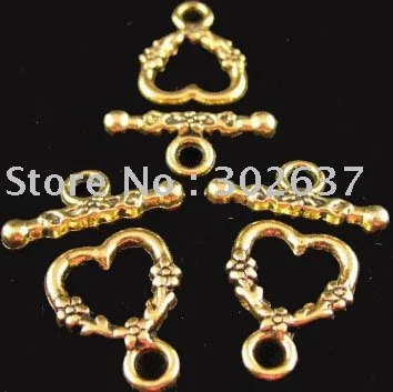 FREE SHIPPING 60set Antiqued gold floral heart toggle clasps A1086G