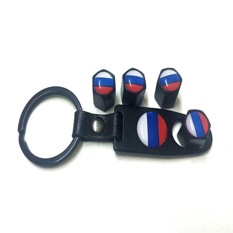 4pcs/lot Car styling Russia Flag  Logo Tire Valve  Cap With Key Ring Wrench Sticker For Cars