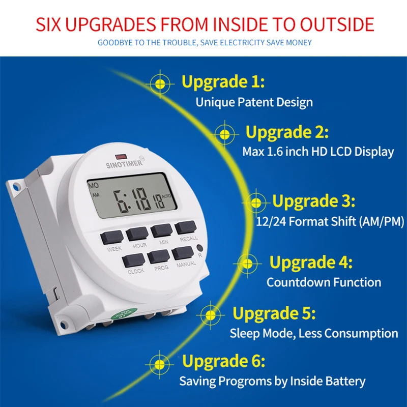 220V 7 Days Programmable BIG LCD 1.6 inch Time Switch with UL listed Relay inside Timer Electric Programme