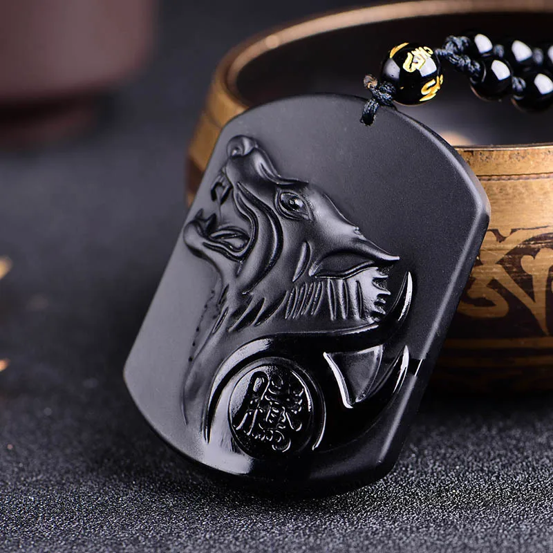 Drop Shipping Black Obsidian Carving Wolf Head Obsidian Amulet pendant free necklace obsidian Blessing Lucky pendant Men Jewelry