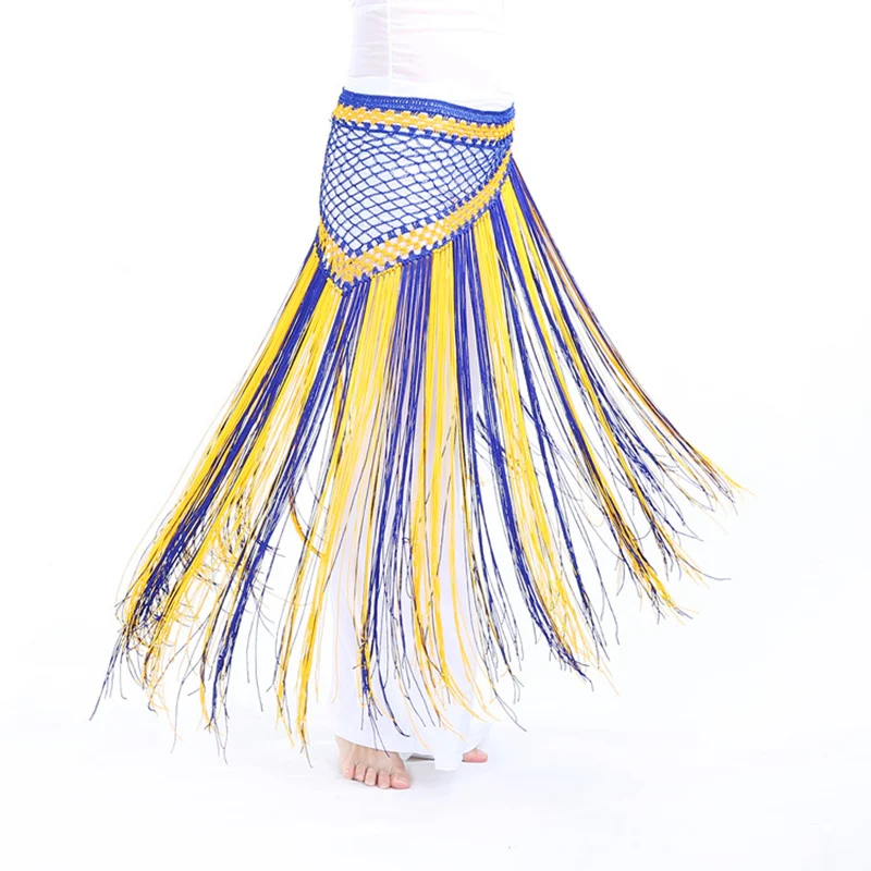 Ropa de danza del vientre estilo Argentina, accesorios de práctica, borla larga, cinturón triangular, ganchillo a mano, bufanda de cadera de color