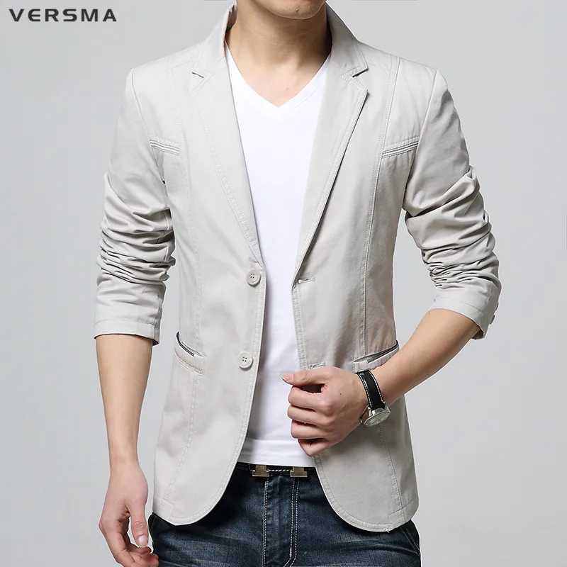 VERSMA 2017 Black Beige 2 Buttons Blazer Suit Dress Jacket Coat Men High Quality Cotton Fashion Slim Fit Suits Blazers for Boys