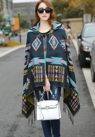 Bohemian Cape Poncho Shawl Scarf Tribal Fringe Hoodies Jacket Ethnic Warm Cardigans For Women 2021 new wool blankets cape shawl