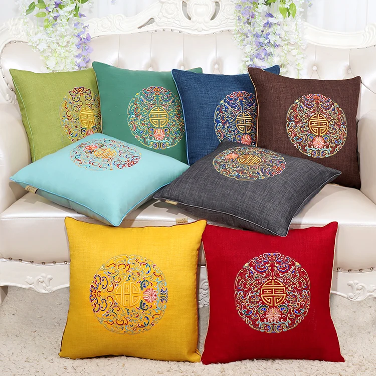 Custom Chinese Joyous Fine Embroidery Cushion Cover Christmas Cotton Linen Pillowcase Home Decor Sofa Chair Lumbar Pillow