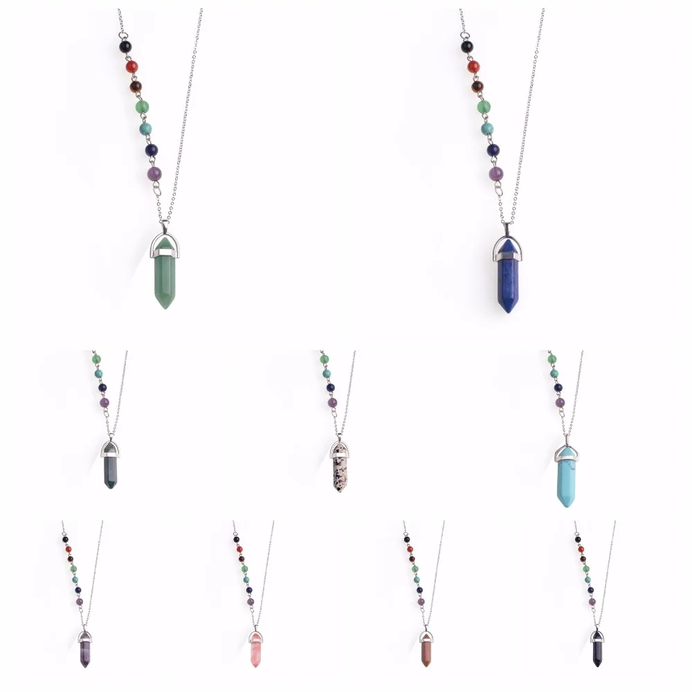 New Design Silver Color 7 Chakra Crystal Beads Charms Natural Hexagonal Prism Stone Pendant Necklace For Women Girls Lol