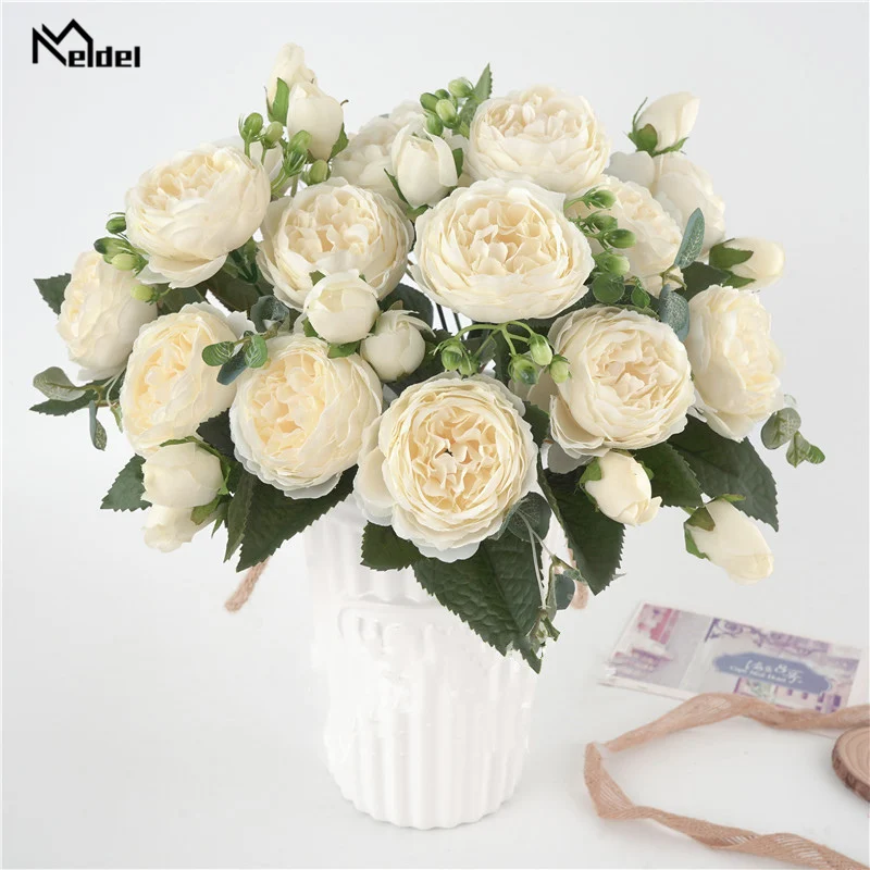 Meldel Silk Roses Peony Artificial Flowers Beautiful Flores Bouquet for Wedding Party Home Decoration Mariage White Fake Flowers