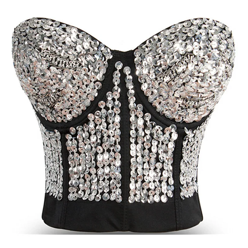 Striking Gold Sequin & Beading Studded Belly Dance Bra Top Sexy Bustier Underwear Women Bra Push Up Bralette Punk Rock Brassiere