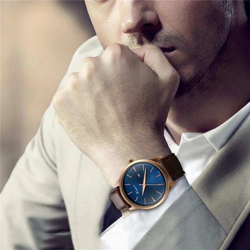 Lancardo – montre-bracelet à Quartz pour hommes, marron, marque de luxe, bracelet en cuir, décontracté, bleu exquis