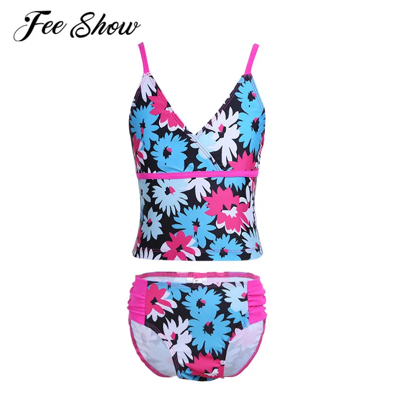 

FEESHOW 3-14 Years Girls Bikini Swimsuits Kids Teens Bathing Set Flower Pattern Halter Strap Swimwear Girl Teens Beach Swimwear