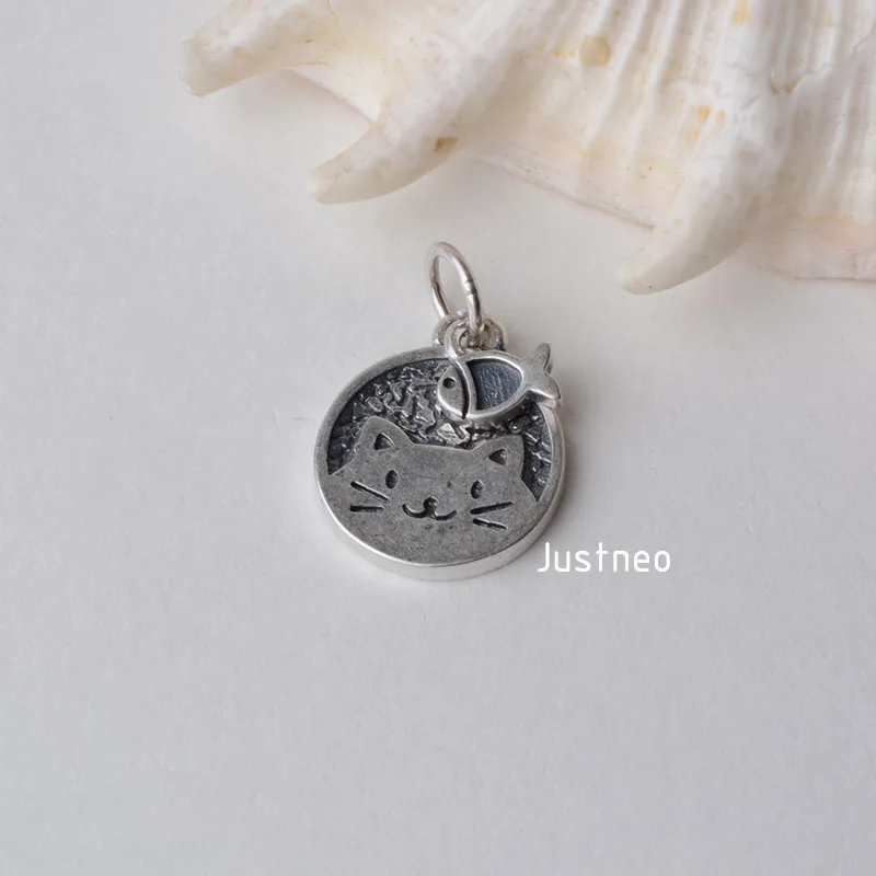 solid 925 Sterling Silver kitten with Small fish Pendant Charm, Thai Silver spacer bead charms for silver jewelry