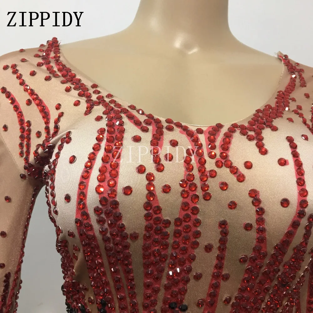 Sparkly Red Black Rhinestones Sexy Bodysuit Full Crystals One-Piece Dance Costume Nightclub Show Prom Birthday Celebrate Leotard