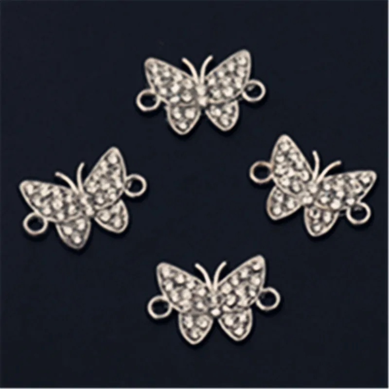 10 piezas de conectores de aleación de mariposa plateados con diamantes de imitación hechos a mano, dijes de metal para manualidades de joyería, 19*12mm A990