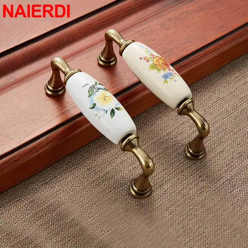 NAIERDI Peony Ceramic Cabinet Handles Zinc Alloy Drawer Knobs Wardrobe Door Handles Furniture Cabinet Pulls Handle 96mm/128mm