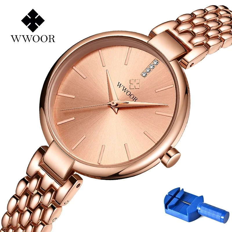 WWOOR 8865 Women Watches Rose Gold Watch Women Quartz Ladies Wristwatch Girl Clock reloj mujer With Watchband Fixing Tool