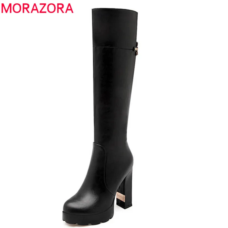 MORAZORA 2021 new arrival boots women round toe platform shoes zipper rivet knee high boots sexy high heels party wedding shoes