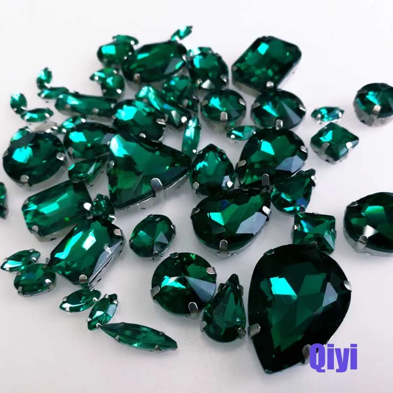 Sell at a loss! mixed shape Malachite green glass crystal sew on claw rhinestones diy clothing accessories