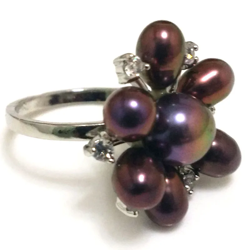 8# Black Natural 8-9mm Button Pearl & 6-7mm Rice Pearl Flower Ring with Zirconia