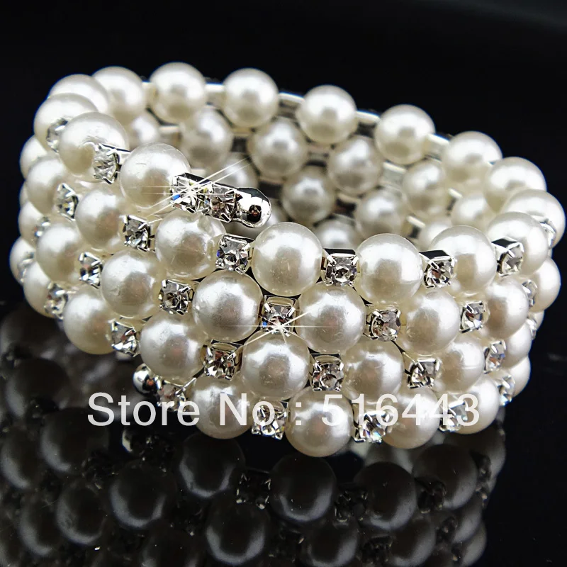 

Charms 12pcs 5 rows Clear Czech Rhinestones Stretchy Women Pearl Bangles Bracelets Wholesale Jewelry Lots A-688