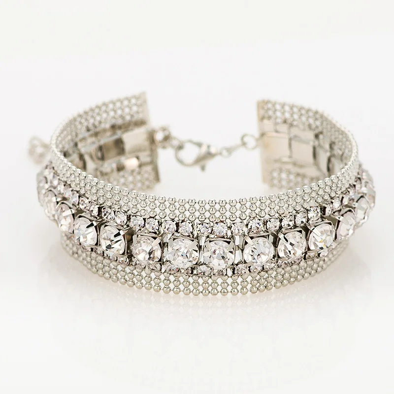 Luxury Braidal Crystal Bracelets Wide Bracelets & Bangles Pulseras Mujer For Women Silvery Wedding Jewelry